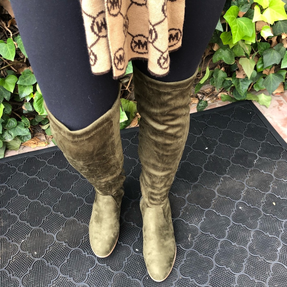 NEW Olive suede knee high boots tie back almond